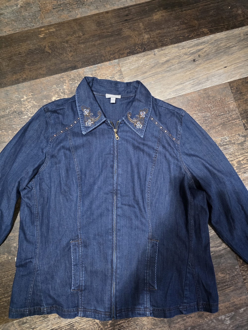 Essentials Dark Blue Denim Zip Jacket with Embroidered Collar